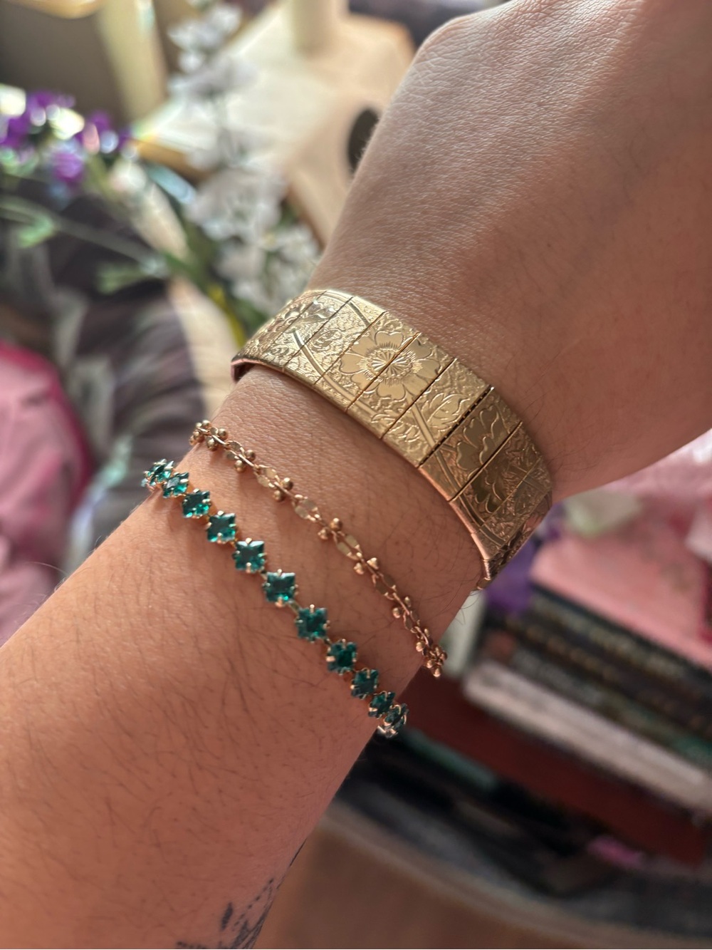 Sarah Coventry Gold Tone Engraved Bangle with Teal Crystal Chain Bracelet Set Vi